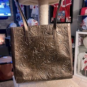 Patricia Nash Viana tooled tote bag, metallic antiqued gold